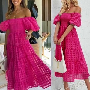 NWOT Gingham & Heels Pink Checkered Maxi Dress Puff Sleeve Smocked Babydoll 8 M